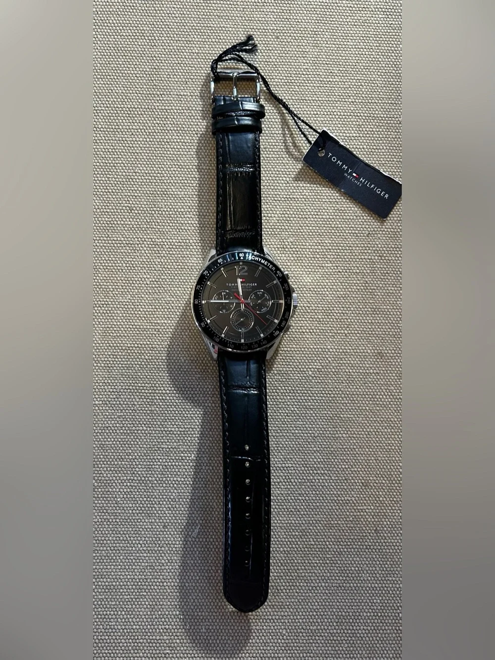 Tommy Hilfiger Watch With 46mm Black Chronograph Face & Black Leather Band